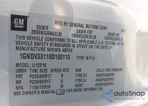 2008 Chevrolet Uplander Lt from USA, damaged, VIN 1GNDV33118D100113